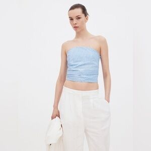 [H&M] Pleat-Detail Blue Stripe Fully Lined Smocked Back Side Zip Bandeau Top